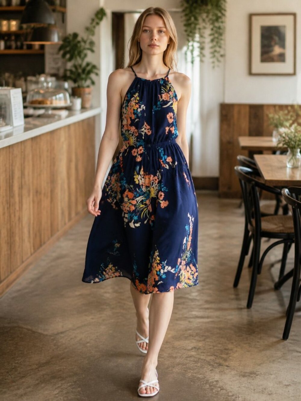 Joie 100% Silk Halter Dress Navy Floral Watercolor Romantic Date Night Sz XXS